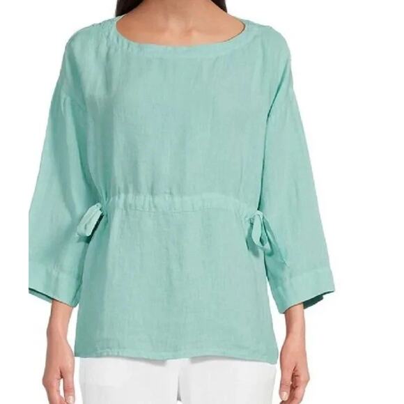 Eileen Fisher Top Womens Small Capri Handkerchief Linen Bateau Neck Beachy Blue - Picture 1 of 9